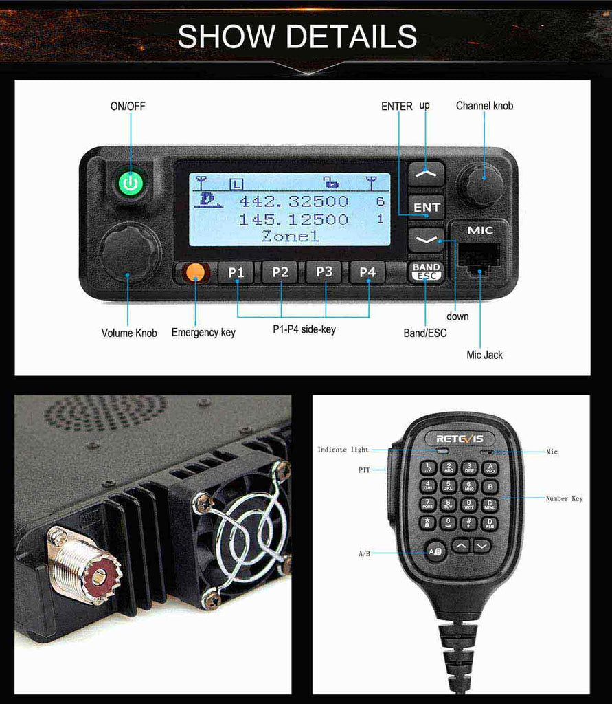 P/N: RT90: The Retevis RT90 50 Watt Dual Band DMR Mobile with the MA07 Stainless Steel Antenna Kit supports analog and digital mode. It provides dual band, dual standby, dual display, dual time slot, operating on both 400-480MHz UHF frequencies and 136-174MHz VHF at up to 50 watts VHF and 45 watts UHF Comm Gear Supply