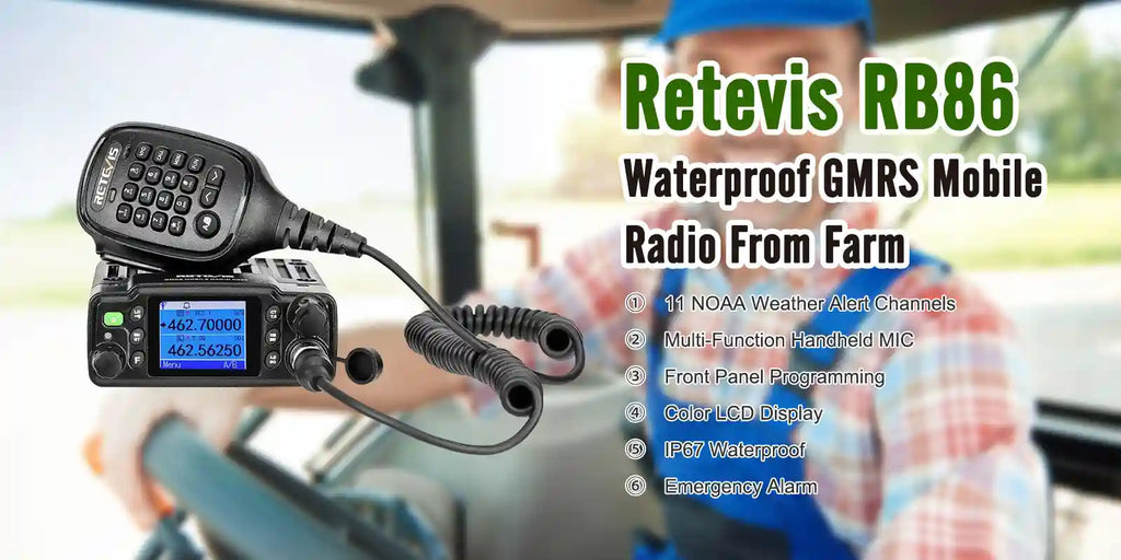 P/N: RB86: The Retevis RB86 20W Waterproof NOAA GMRS Mobile Radio features a vibrant, colorful LCD display and a comprehensive keypad. It boasts IP67 certification for water and dust resistance, making it an ideal two-way radio for tractors Comm Gear Supply