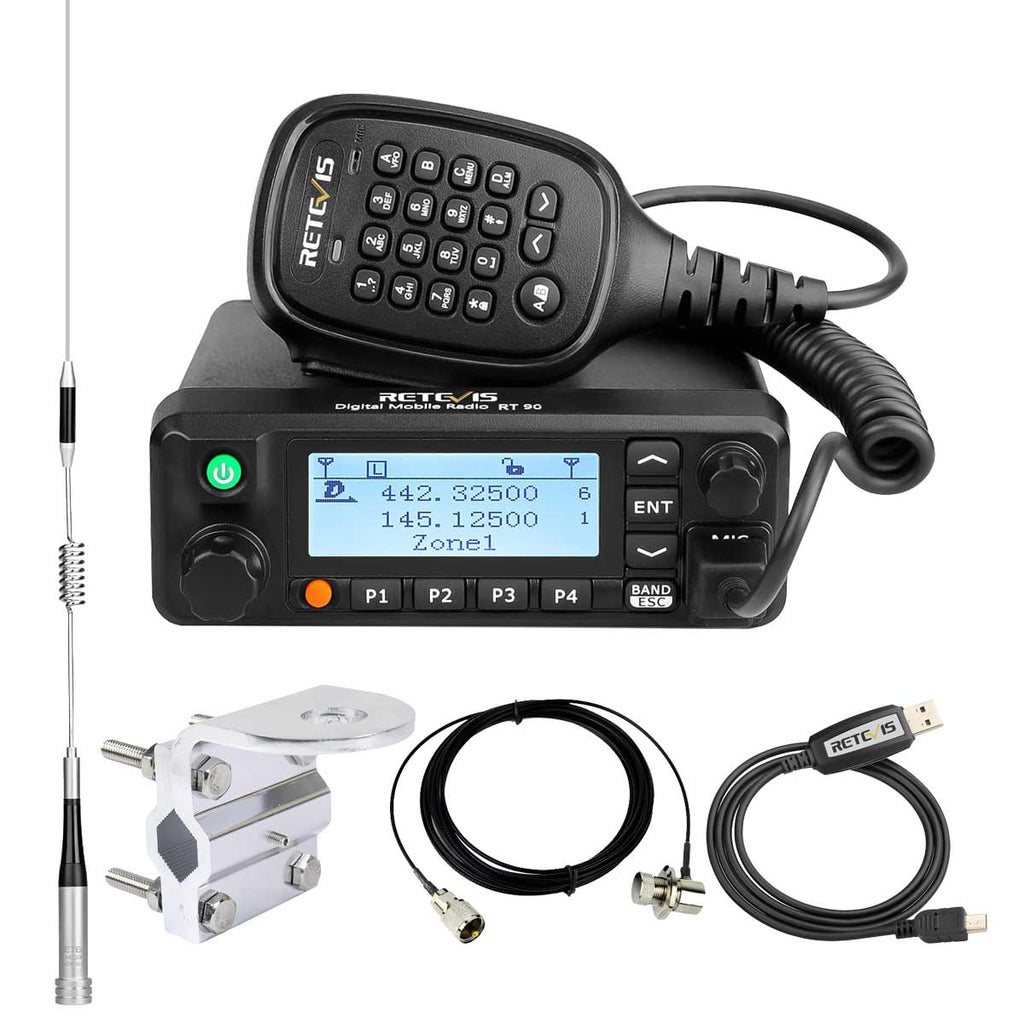 P/N: RT90: The Retevis RT90 50 Watt Dual Band DMR Mobile with the MA07 Stainless Steel Antenna Kit supports analog and digital mode. It provides dual band, dual standby, dual display, dual time slot, operating on both 400-480MHz UHF frequencies and 136-174MHz VHF at up to 50 watts VHF and 45 watts UHF Comm Gear Supply