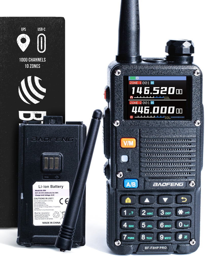 BF-F8HP PRO: BaoFeng BTECH BF-F8HP PRO(UV-5R 7th Gen) 8-Watt Tri Band Two-Way Radio (VHF/1.25M/UHF) Features 1000 Channels, GPS, Aviation Band Scanner, NOAA Weather Mode, USB-C Rechargeable Battery, IP54 Comm Gear Supply CGS