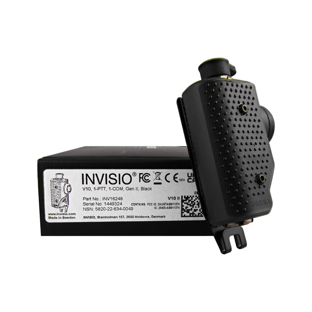 P/N: CGS-V10-GENII: Lightweight and rugged control unit with a large, exchangeable PTT button.  The INVISIO V10 II control unit is a rugged, single-com PTT designed for defense and security professionals with a single radio. Comm Gear Supply NSN: 5820-22-634-0049