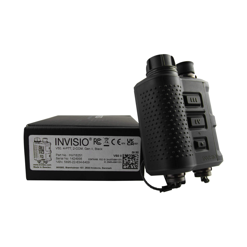 P/N: CGS-V50-GENII: The INVISIO V50 II is a dual com control unit with 2 COM ports, 4 PTT buttons and an internal power supply.  It is designed for users with two communication devices, e.g., team radio, combat net radio, or vehicle intercom system, and a need for built-in power. Comm Gear Supply NSN: 5820-22-632-4798