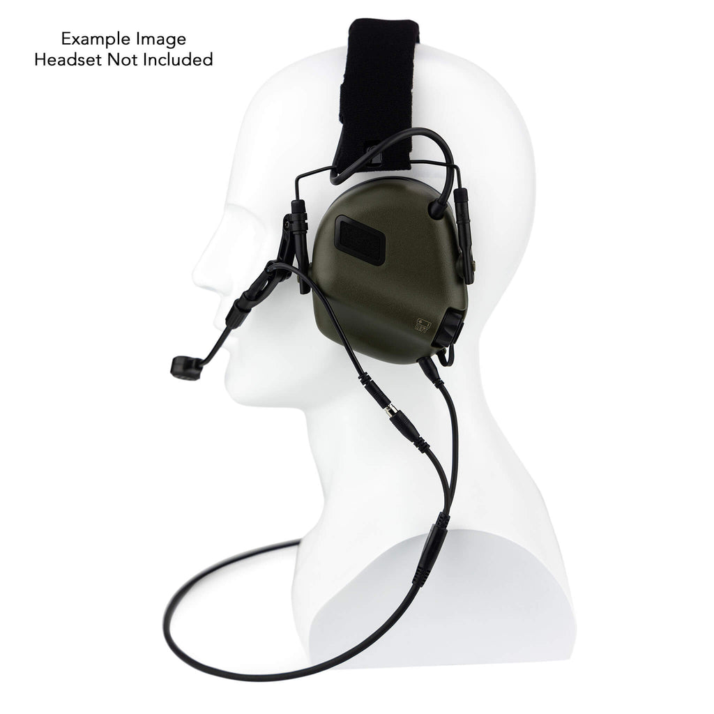 S27 NATO Wired- Left Side Mount- Y harness with 2.5mm female mic input connector and 3.5mm male headset audio input lead. This setup allows you to integrate comms into your non-comms M31 Mod3, Mod4, Mark3, Mark4 &amp; Plus hearing protection headsets by Earmor