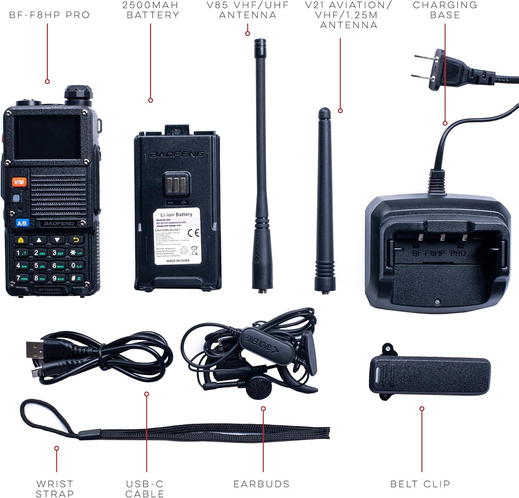 BF-F8HP PRO: BaoFeng BTECH BF-F8HP PRO(UV-5R 7th Gen) 8-Watt Tri Band Two-Way Radio (VHF/1.25M/UHF) Features 1000 Channels, GPS, Aviation Band Scanner, NOAA Weather Mode, USB-C Rechargeable Battery, IP54 Comm Gear Supply CGS