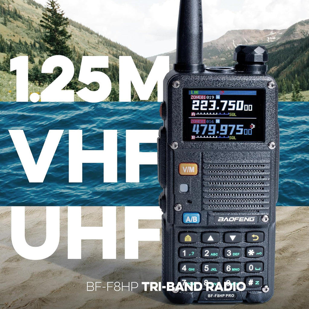 BF-F8HP PRO: BaoFeng BTECH BF-F8HP PRO(UV-5R 7th Gen) 8-Watt Tri Band Two-Way Radio (VHF/1.25M/UHF) Features 1000 Channels, GPS, Aviation Band Scanner, NOAA Weather Mode, USB-C Rechargeable Battery, IP54 Comm Gear Supply CGS