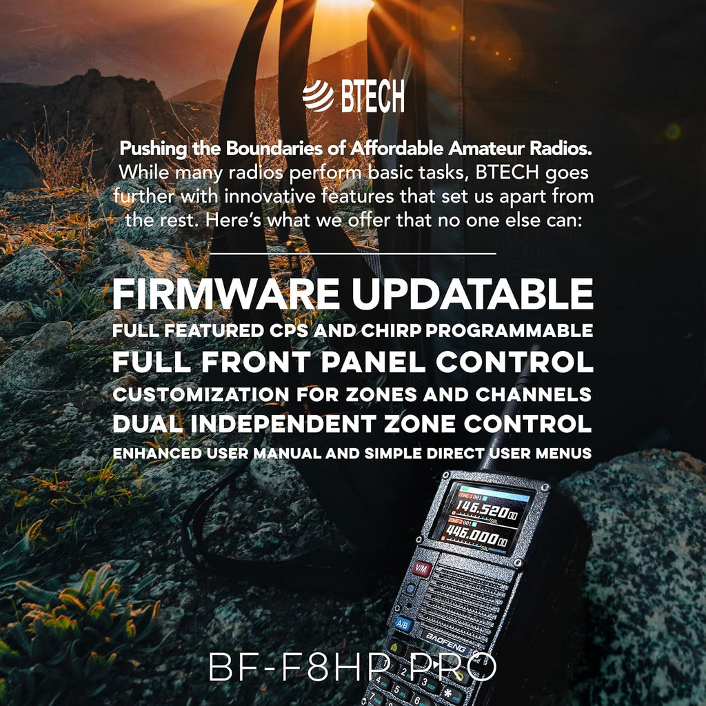 BF-F8HP PRO: BaoFeng BTECH BF-F8HP PRO(UV-5R 7th Gen) 8-Watt Tri Band Two-Way Radio (VHF/1.25M/UHF) Features 1000 Channels, GPS, Aviation Band Scanner, NOAA Weather Mode, USB-C Rechargeable Battery, IP54 Comm Gear Supply CGS