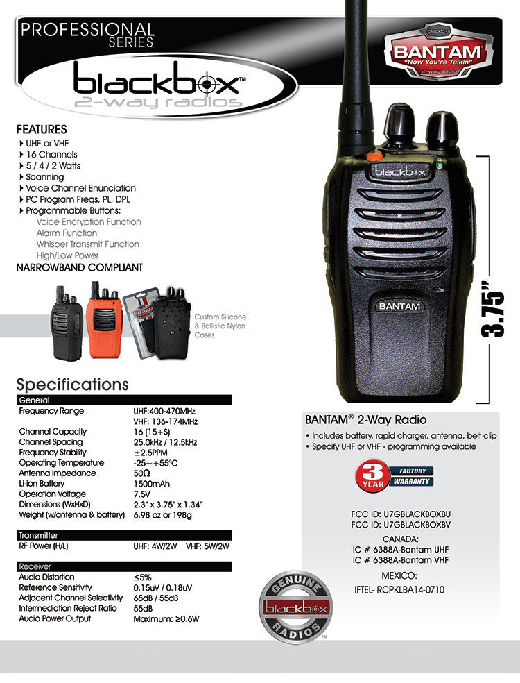 UHF 2-Way Radio - Bantam Kit - Indoor/Outdoor Urban Professional Radio Comm Gear Supply CGS Bantam-UHF